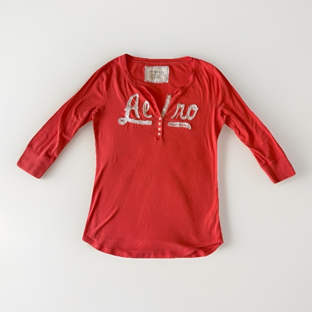 Aeropostale Vtg Y2K Women's Red Spell Out Henley Top Bella Swan Elena Gilbert XL